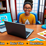 **

A student happily studying with a laptop surrounded by colorful game-like elements: points, badges, and level-up icons. The scene should visualize the concept of gamified learning, blending textbooks and study materials with interactive digital interfaces.

**