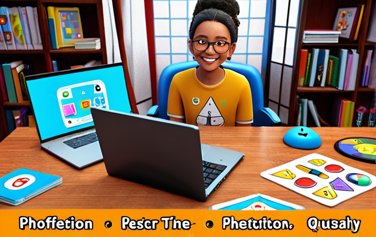 **

A student happily studying with a laptop surrounded by colorful game-like elements: points, badges, and level-up icons. The scene should visualize the concept of gamified learning, blending textbooks and study materials with interactive digital interfaces.

**